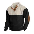 Men's two-tone black and white corduroy sweatshirt with button stand collar and elbow patches - S / Tops / Black and Apricot