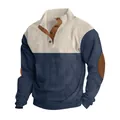 Detail view of men's color-block corduroy sweater featuring button collar and elbow patches - S / Tops / Navy Blue and Apricot