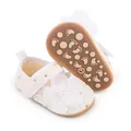Detailed close-up view of white lace baby princess shoes with decorative flowers and soft soles - 11cm / White