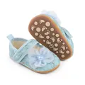 Detailaufnahme blauer Spitzen-Babyschuhe mit Netzblume und rutschfester Sohle - Blau