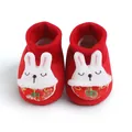 Detailed view of red baby winter booties featuring a cute white rabbit design with embroidery - Inner Length 11cm / Tea Cup Rabbit