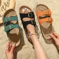 Sandali platform vintage con doppia fibbia da donna in pelle scamosciata verde nera e arancione - Verde