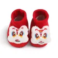 Festive red baby winter walking shoes with a cute plush lion dance design and warm fleece lining - Inner Length 11cm / White Lion Dance Style