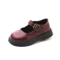 Classic burgundy Mary Jane leather shoes for girls with soft soles and adjustable buckle - Size 23 (Inner Length 14.7cm) / Burgundy