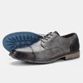 Detail view of men's distressed gray leather dress shoes with unique blue textured sole - 41 / Deep Gray Burnished Style (KD6605)