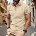 Detailed view of men's beige polo shirt with striped collar and cuffs details - Khaki