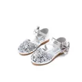 Elegant silver sequin girls' flat shoes featuring a stylish ribbon bow and pearl charm - Size 21 Inner Length 13.5CM / Silver