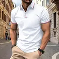 Detail of white men's polo shirt with red and blue striped trim on collar and cuffs - S / Tops / White