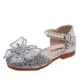 Elegant silver glitter girl's princess shoes with pearl ankle strap and rhinestone butterfly bow - Size 21 (Inner Length 13.5cm) / Silver