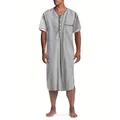 Close-up detail of men's striped short sleeve nightgown with V-neck and front pocket - M / Robe / Striped