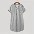 Detail view of men's striped short sleeve nightgown with V-neck and button front. - S / Robe / Gray