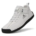 Comfortable white leather men's casual shoes featuring hand-stitched detailing and black soles - 38 / White