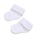 Close-up view of white knitted baby socks featuring an elegant embroidered cross on the cuff - Silver Cross Embroidered Fold-Over Socks