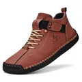 Men's brown hand-stitched leather driving shoes in casual slip-on flat loafers style - 38 / Red
