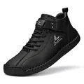 Men's black low-top leather loafers with handmade stitching and rubber sole - 38 / Black