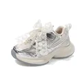 Silver girls' mesh sneakers with large white lace bow and pearls, 2025 spring style - Silver