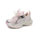 Breathable pink and silver girls' mesh sneakers with elegant pearl and lace bow decorations - Pink