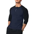 Detail view of men's slim fit long sleeve Henley shirt with contrast black sleeves. - S / Tops / Navy Blue