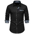 Front view of black men's long sleeve shirt featuring paisley pattern details on collar - Black
