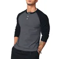 Men's slim fit long sleeve Henley shirt with contrast raglan sleeves in grey and black - S / Tops / Gray
