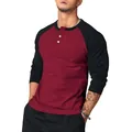 Detail view of men's slim fit long sleeve henley shirt with contrast burgundy and black. - S / Tops / Red