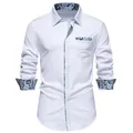 Detail of white men's casual long sleeve shirt featuring elegant blue paisley patchwork - White