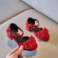 Elegant red girls' Mary Jane shoes featuring a rhinestone bow and low heel design - 27 / Red