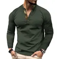 Close-up of men's waffle knit long sleeve polo shirt with patterned stand collar placket - Army Green