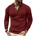 Detail of burgundy waffle knit men's long sleeve polo shirt with patterned placket - S / Tops / Burgundy