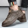 Men's brown leather casual sneakers with height increasing soft sole in British style - 38 / Brown
