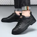Premium black genuine leather men's casual sneakers with soft rubber sole and lace-up design - 38 / Black