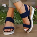 Detailopname van marineblauwe sleehaksandalen met elastische band en plateauzool - 36 / Blauw