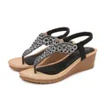 Sandales compensées bohèmes noires avec strass brillants et bride élastique - 36 / Noir