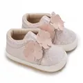 Eleganti scarpine rosa glitterate per neonati con suola morbida e fiori in pelle - Rosa