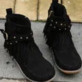 Stylish black suede fringe flat ankle boots with gold studs and decorative buckle straps - 36 / Black