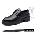 Men's black breathable perforated leather dress shoes with 5cm thick platform lug sole - 37 / Flat Hollow Out Style (7106-1) / Black