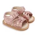 Close-up detail of pink glittery baby girl sandals with a non-slip soft rubber sole - Pink