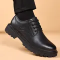 Premium black leather men's platform work shoes featuring a retro round toe design - 38 / Regular Fit / Black