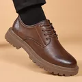 Retro men's derby shoes with thick brown sole and lace-up leather upper - 38 / Regular Fit / Khaki