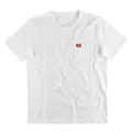 Detail shot of white men's pocket t-shirt with orange logo tag on chest - White