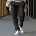 Men's black straight-leg casual trousers with toothpick stripe design for autumn. - Black