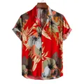 Detailed view of red Hawaiian shirt with tropical leaf print and button-down collar - S / Tops / Red Leaf Floral