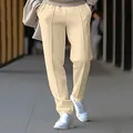 Men's stylish beige casual pants featuring vertical toothpick stripe and comfortable straight leg - Apricot