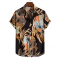Detail of men's Hawaiian floral print short-sleeve shirt with stylish lapel collar - S / Tops / Black Leaf Flower