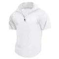 Detalle del polo blanco para hombre con textura de gofre y cremallera - Blanco