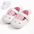 Close-up of white baby walker shoes with cute bunny face embroidery and pink ears. - 11cm / White PU Rabbit Shoes & Socks Set
