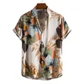Men's Hawaiian floral short sleeve shirt with tropical print details on a hanger. - S / Tops / Beige Leaf Flower