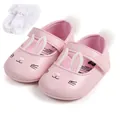 Detailed view of pink baby bunny princess shoes with white ruffle lace socks set - 11cm / Pink PU Rabbit Shoes & Socks Set