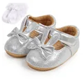 Silver glitter baby princess walking shoes with bow and bunny ears plus lace socks - 11cm / Silver Glitter Shoes & Socks Set