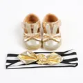 Gold glittery baby princess walking shoes with bunny ears and matching striped headband - 11cm / Gold Sequined Rabbit Ear Walking Shoes & Headband Set / Gold